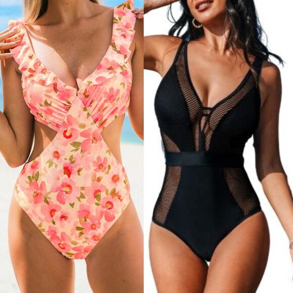 NWT Cupshe Floral Cutout Ruffled One Piece Swimsuit Beach Paddle BUNDLE Size L - Picture 1 of 7